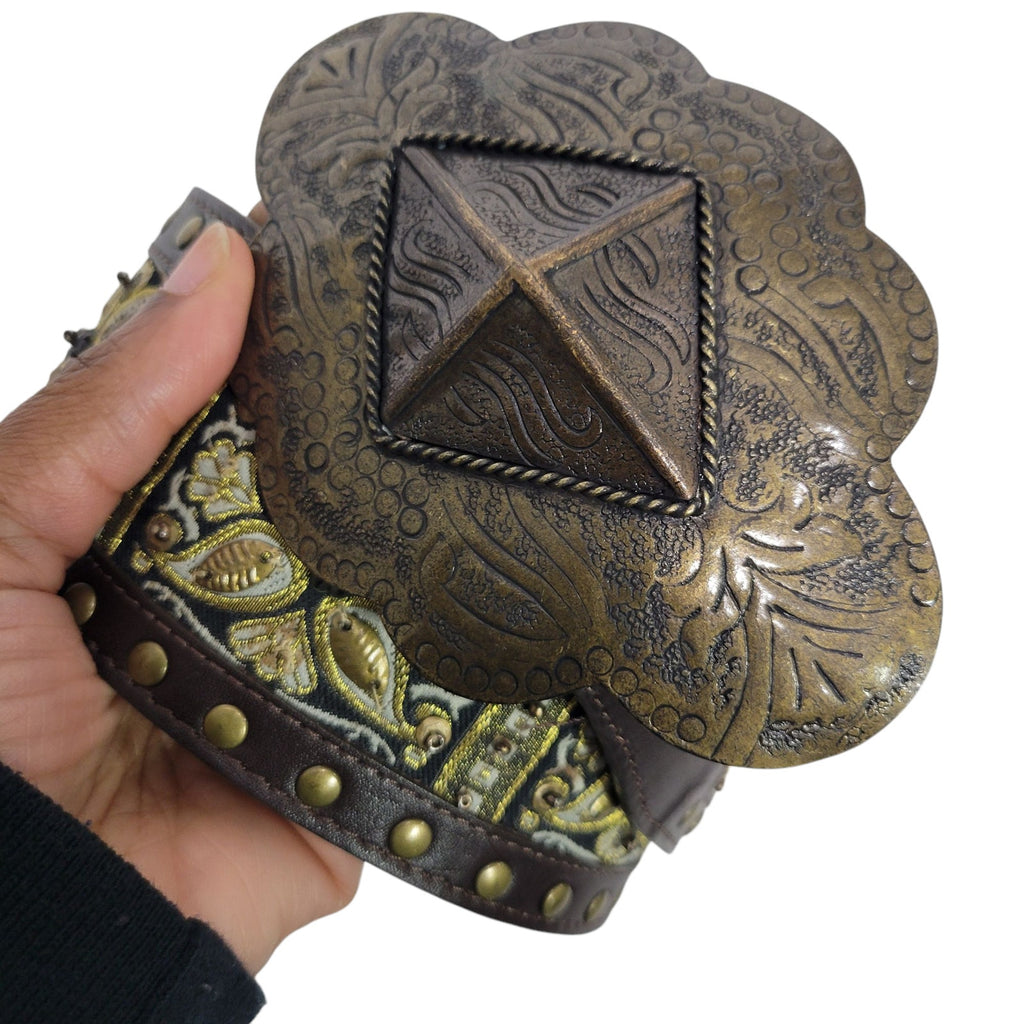 Chicos Chunky Embellished Leather Belt Brown Wide Etched Buckle Studded Embroidery Small