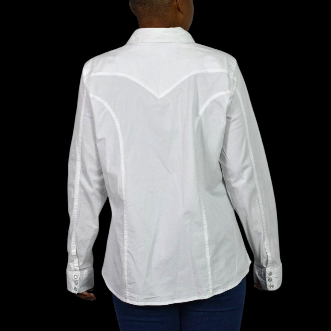 Back in the Saddle White Shirt Equestrian Cowgirl Collared Button Front Ruffled Fitted Tailored Large