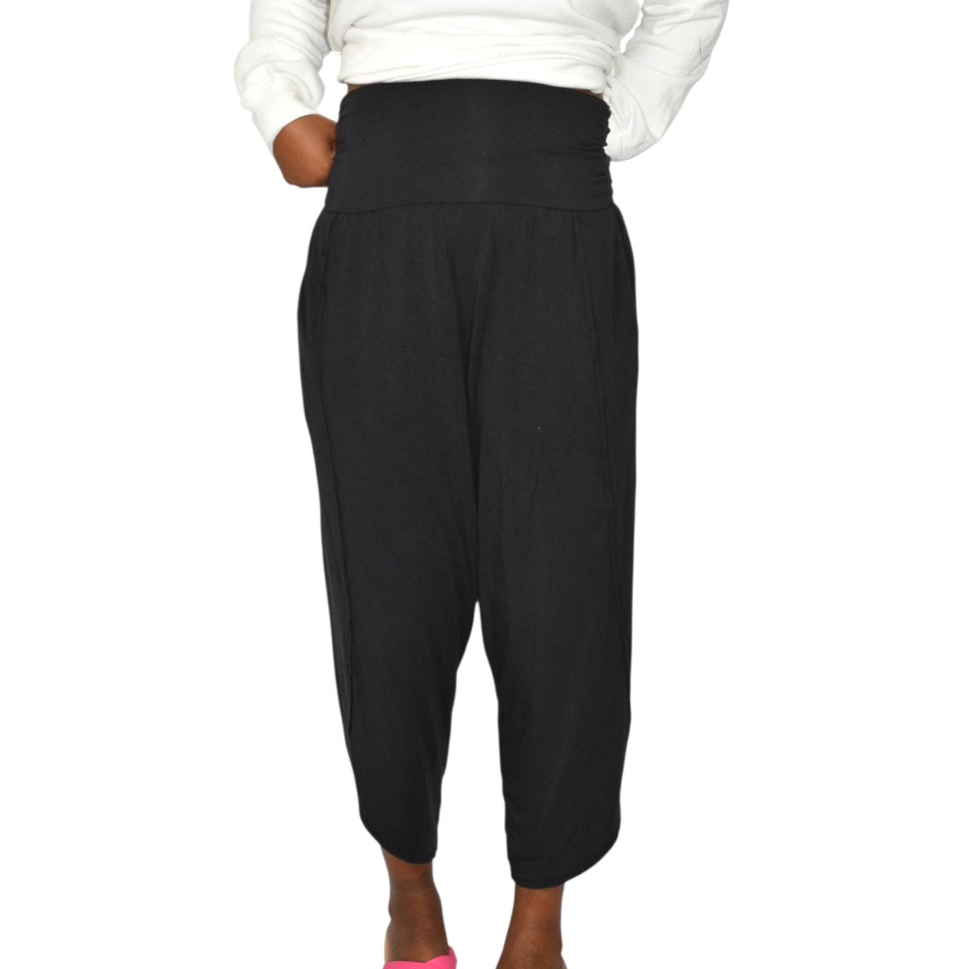 Athleta Flow With It Pant Pants Black Harem Tulip Hem Cropped Wide Leg Stretch Jersey Modal XS