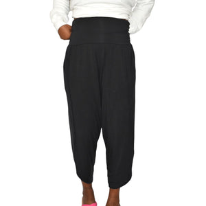 Athleta Flow With It Pant Pants Black Harem Tulip Hem Cropped Wide Leg Stretch Jersey Modal XS