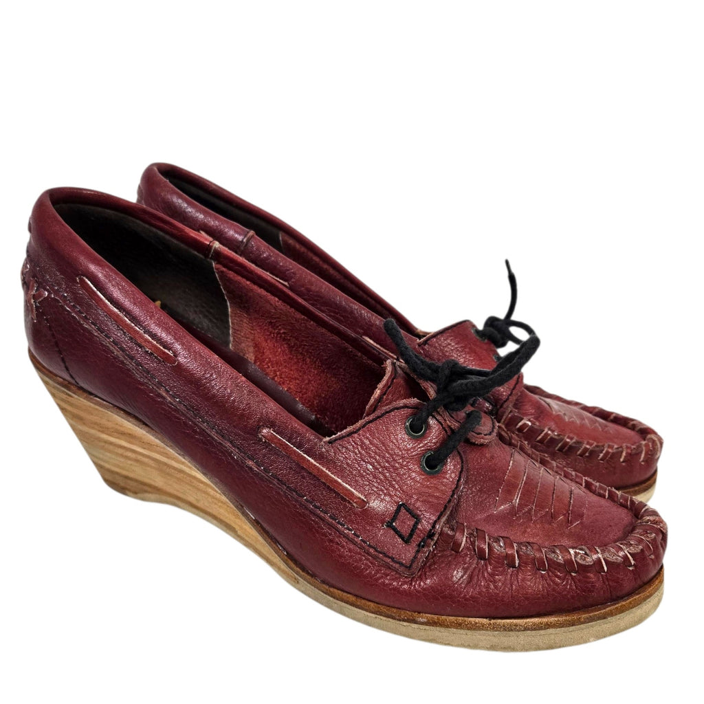 Vintage Fanfares Leather Loafers Red Brown Wedge Moccasin Lace Up Wooden 8N Narrow