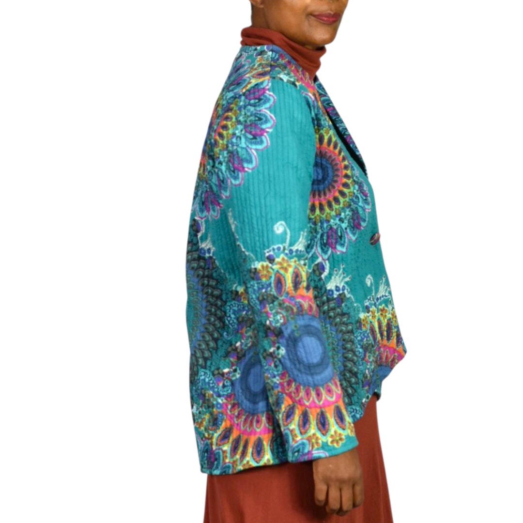 Soft Surroundings Quilted Jacket Green Teal Boho Paisley Floral Cotton Mandala Print Artistic XS