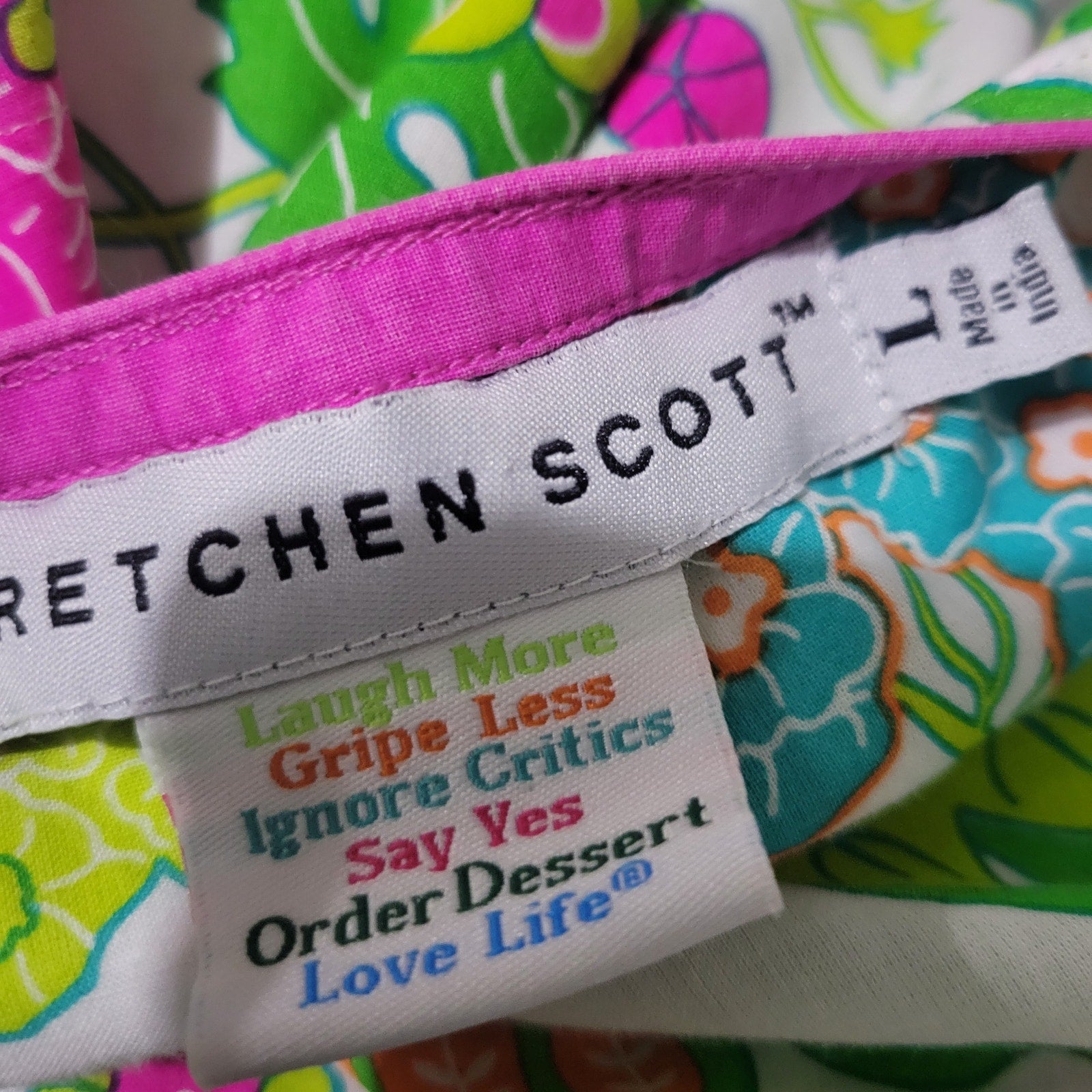 Gretchen Scott Cotton Tunic Pink Colorful Wonderland Top Blouse Cotton Floral Side Slits Split Neck Large