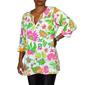 Gretchen Scott Cotton Tunic Pink Colorful Wonderland Top Blouse Cotton Floral Side Slits Split Neck Large