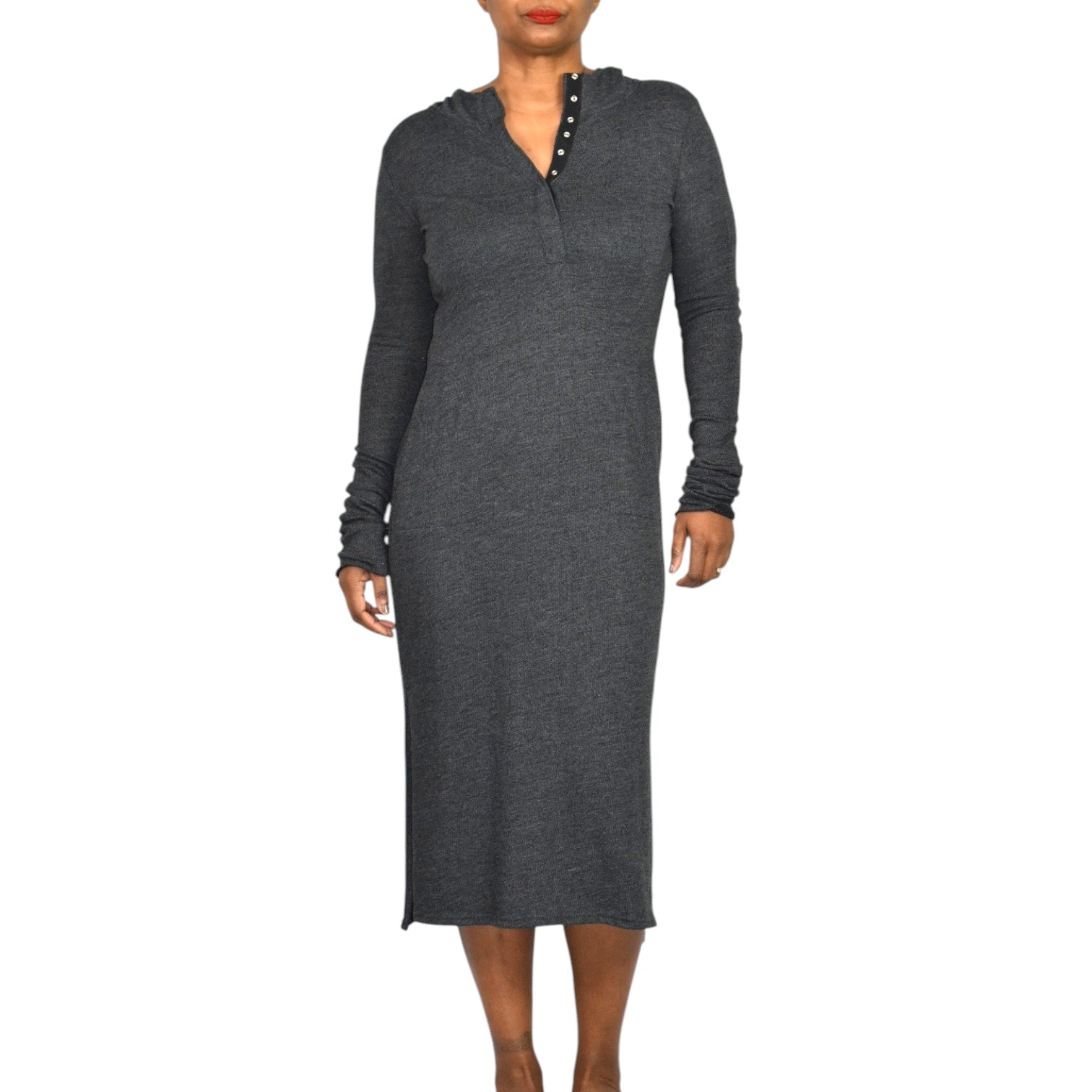 Noctex Sweater Dress Grey Charcoal Wool Midi Hooded Pockets Slits Elbow Patches XS