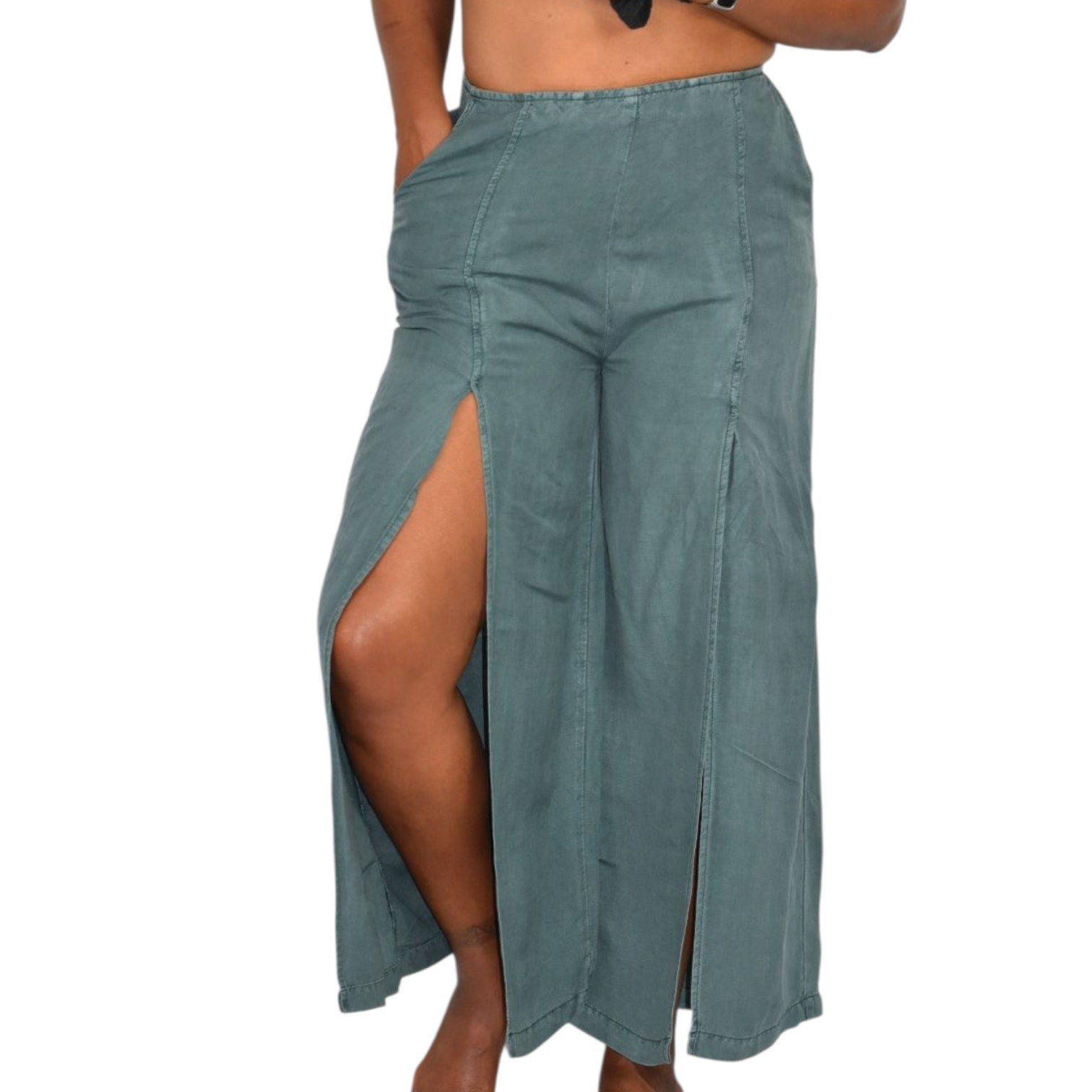 Young Fabulous Broke Cove Pant Green YFB Front Slits Crop Flare High Waist Washed Linen XS