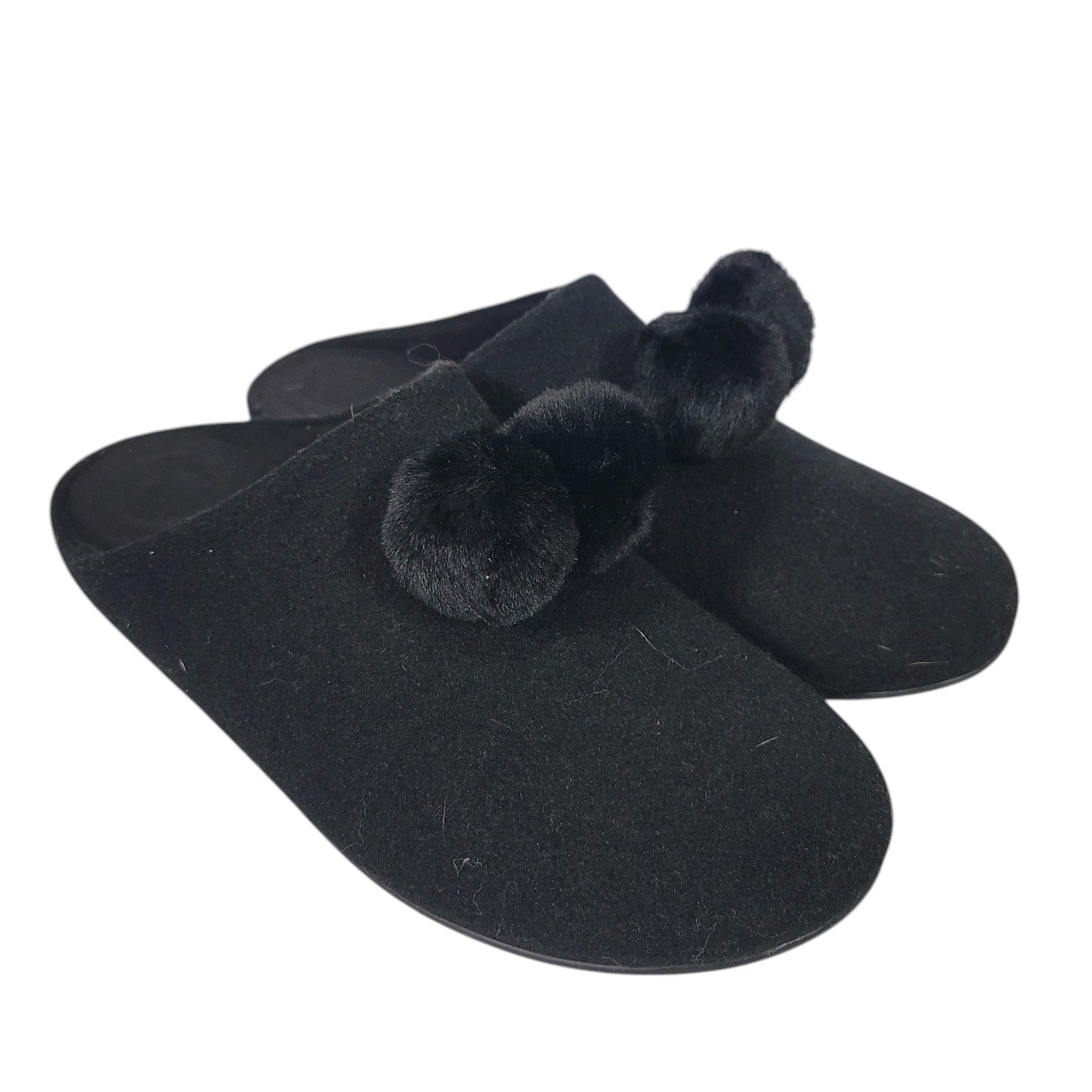 Fitflop Chrissie Slippers Black Felt Pom Pom Mules Slip On Slides Flats Lounge 8