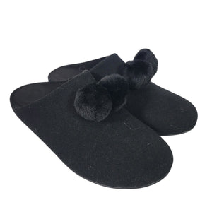 Fitflop Chrissie Slippers Black Felt Pom Pom Mules Slip On Slides Flats Lounge 8