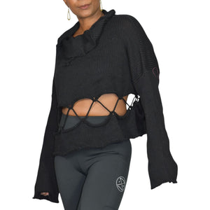 Manuelle Guibal Paris Sweater Black Knit Cropped Cutout Lace Up Long Sleeve Oversized Boxy Large