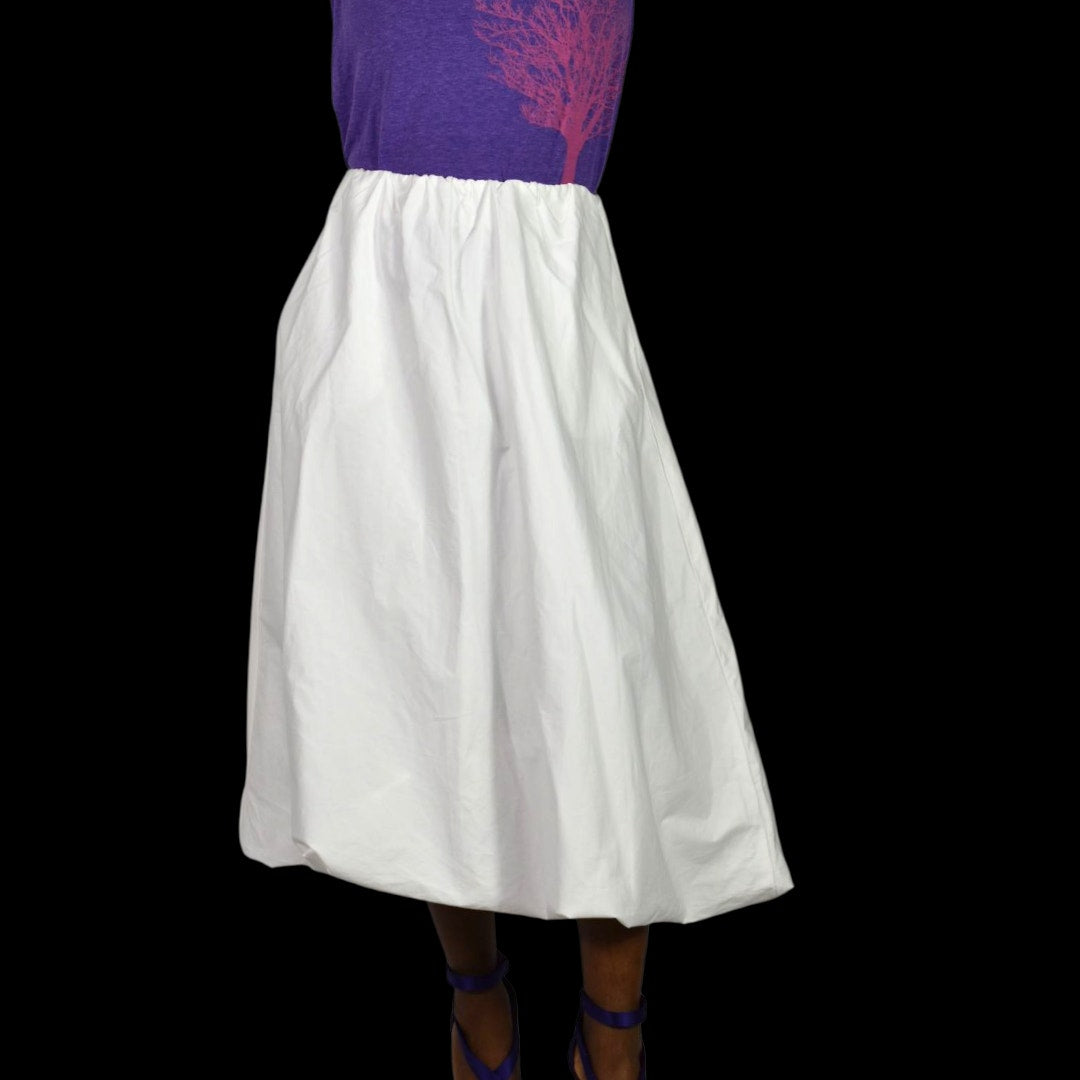 Zara Bubble Midi Skirt White Poplin Balloon Hem Pockets Billowy Elastic Waist XS