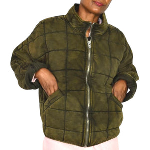 Free People Dolman Quilted Knit Jacket Green Olive Bomber Oversized Cotton Coat XS