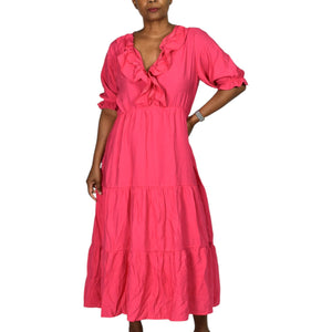 Zara Frilly Dress Pink Bright Hot Fuchsia Midi Tiered Romantic Girly Ruffle Neck Large