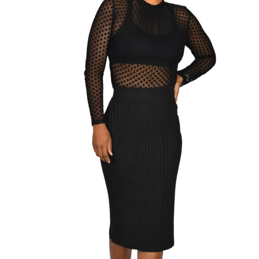 French Connection Jolie Knit Skirt Brown Stretch Pencil Midi Ribbed Texture Knee Length 2