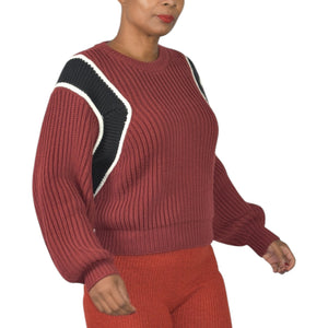 Frame Balloon Sleeve Sweater Red Chunky Fisherman Rib Knit Cropped Colorblock Size Small