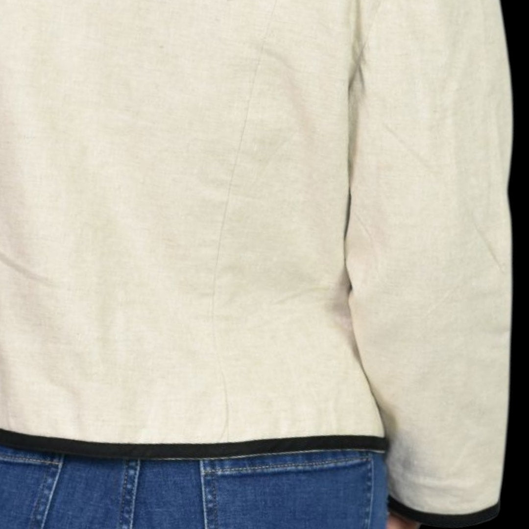 Vintage Althuser Linen Blend Blazer Jacket Beige Cropped Black Trim Tailored Shoulder Pads 10