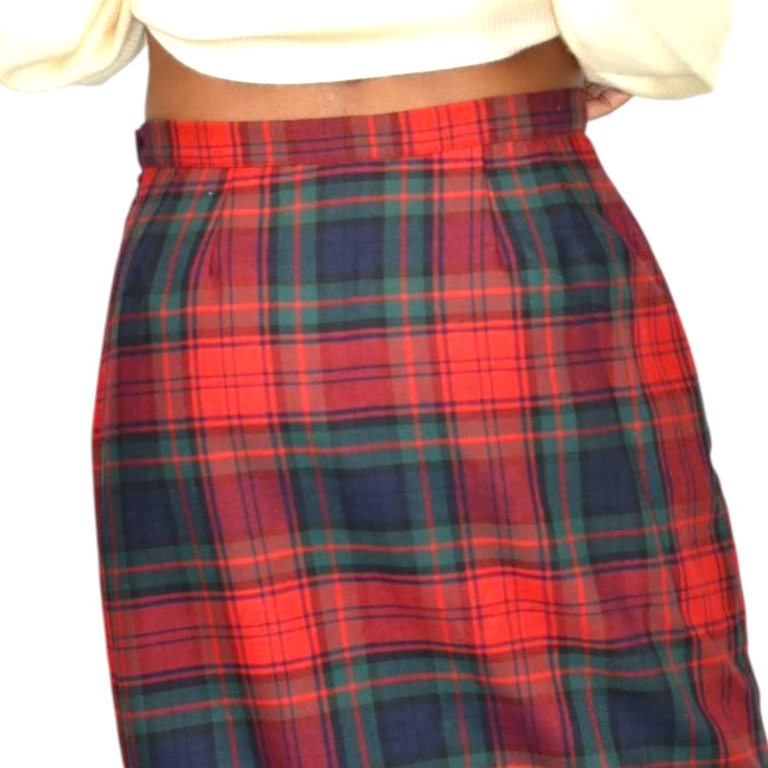 Vintage Rafaella Sport Tartan Maxi Skirt Red Plaid Check Fringe Slit Wool Long Straight Column 8