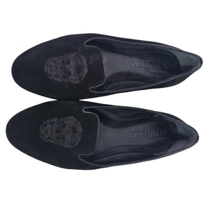 Alexander McQueen Skull Loafers Black Suede Flats Leather Sequin Slip On Semi Pointed Toe 39.5 9.5