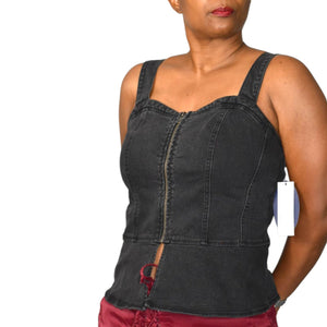 Scoop NYC Denim Bustier Black Corset Tank Top Zip Front Stretch Sweetheart Front Slit Medium