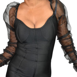 Lips Inc USA Jumpsuit Black Mesh Sheer Chiffon Puff Long Sleeve Bustier Bodysuit Small