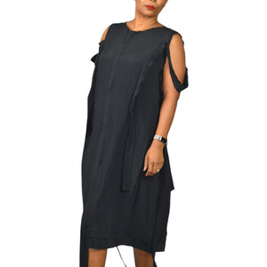 MeimeiJ Draped Dress Black Cutout Cold Shoulder Strappy Silk Blend Midi Wearable Art 8