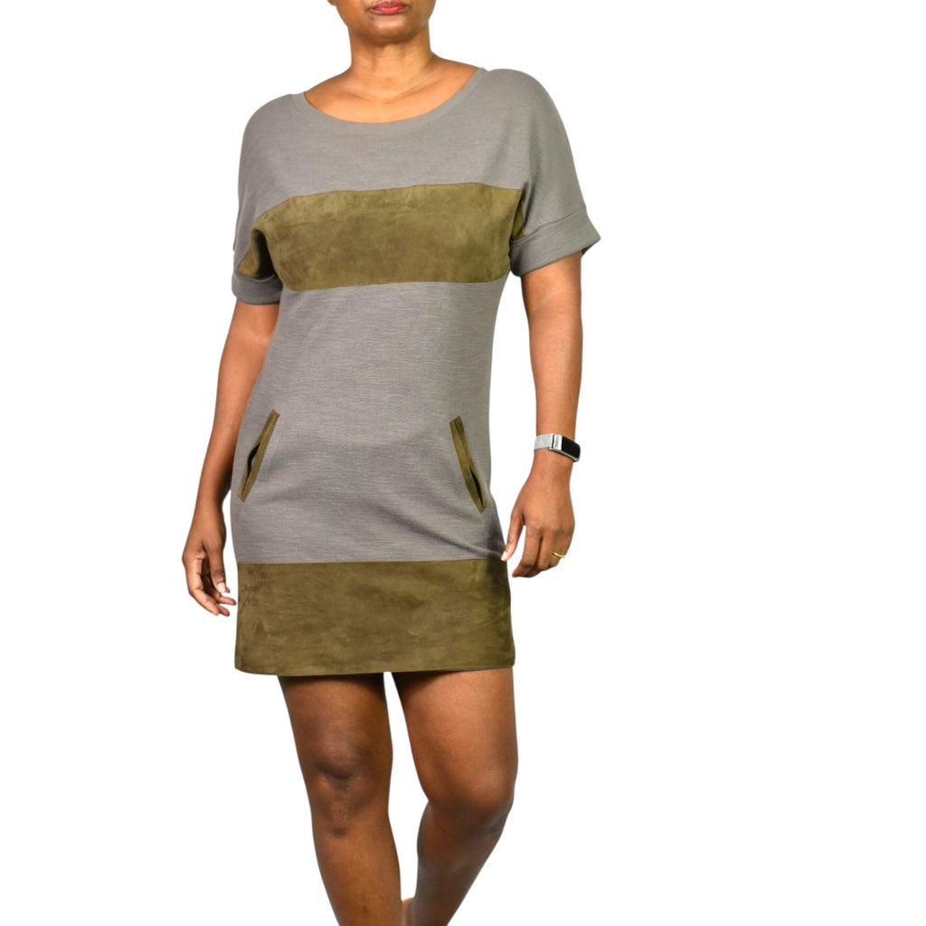 Allsaints Diego Tee Dress Grey Cotton Suede Colorblock Shift Knit Mini Pockets Minimalist XS