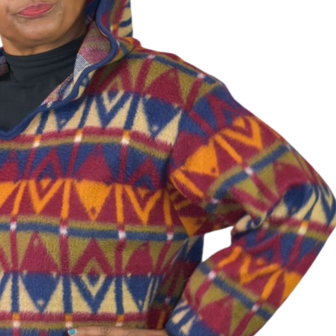 Vintage Jordache Concepts Fleece Jacket Ski Pullover Aztec Geometric Hooded 90s Medium
