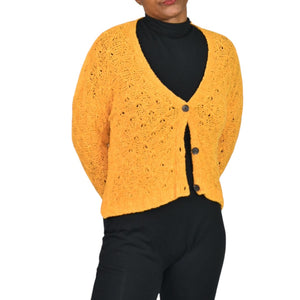 American Eagle Cropped Cardigan Sweater Yellow Slouchy Crochet Cotton Blend Knit Boxy V Neck XS