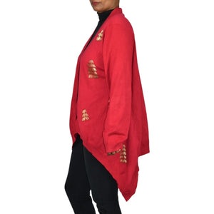 Michael Simon Cardigan Sweater Red Duster Beaded Christmas Trees Asymmetric Cotton Plus 1X