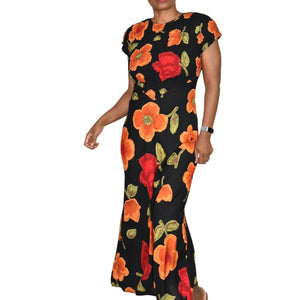 Jeffrey Dara Vintage Floral Maxi Dress Black Floral Flowers Rayon Shoulder Pads Column Deadstock 8 Medium