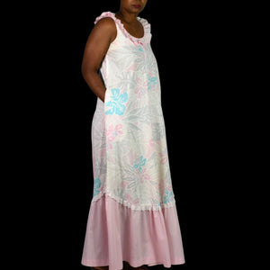 Vintage Hilda Hawaii Dress Pink Pastel Hawaiian Floral Maxi Tiered Eyelet Muumuu Small