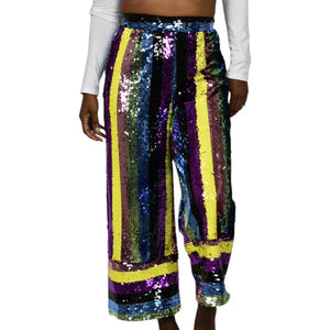 Fashion Nova Sequin Pants Rainbow Stripe Multicolor Cropped Wide Leg Colorblock Small