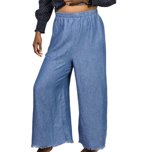 Show Me Your Mumu Explorer Pants Blue Chambray Flare Wide Leg High Waist Pull On Small