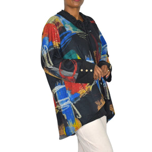 Ali Miles Abstract Art Cowl Neck Tunic Multicolor Black Print Sweater Top Lagenlook Plus 2X