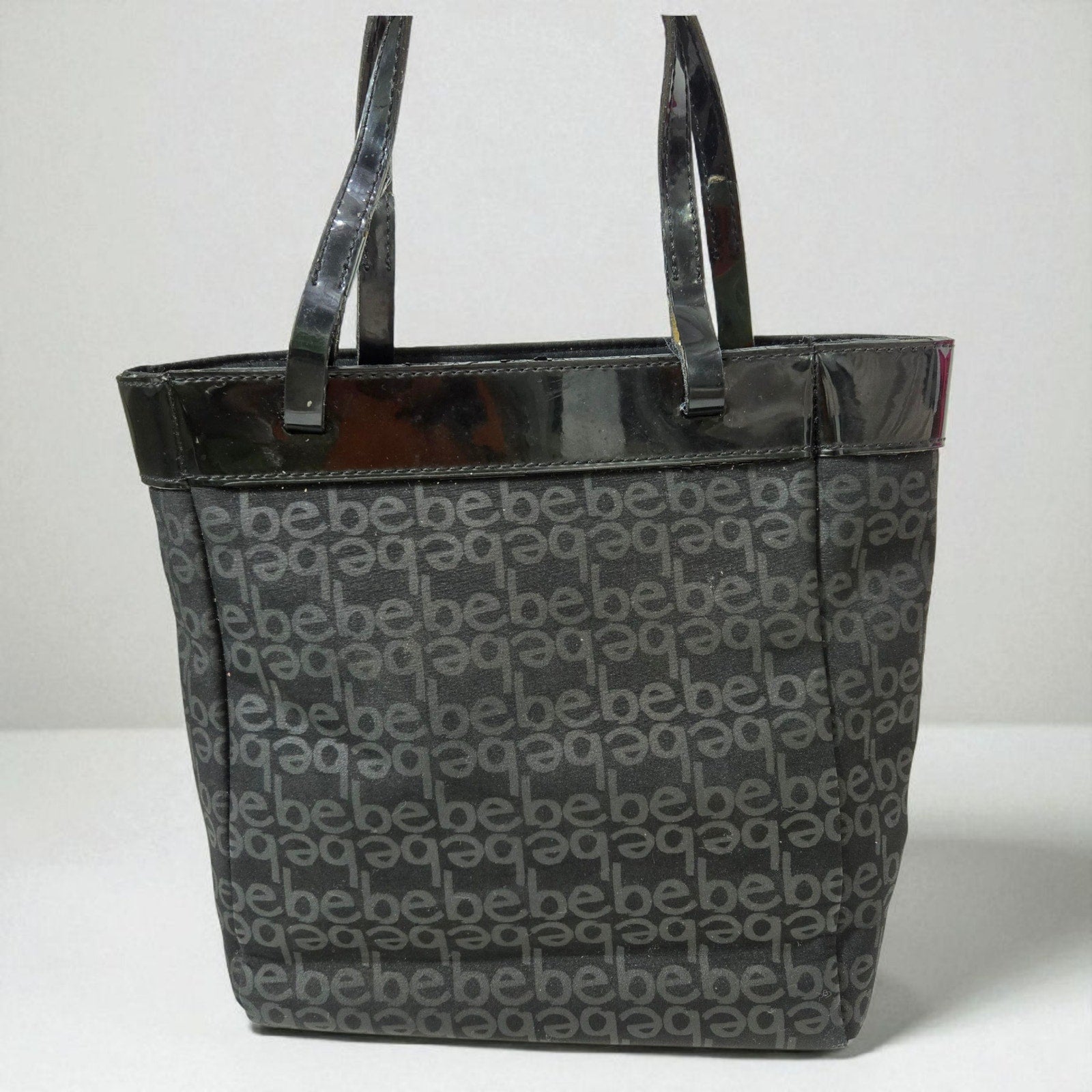 Vintage Bebe Mini Tote Bag Black Logo Patent Leather Straps Shopper Handbag Y2K Purse