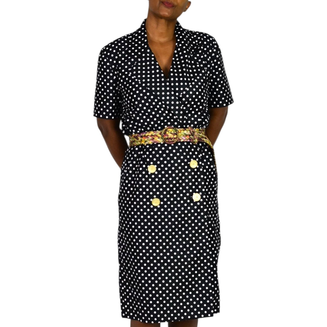Vintage SG Gilbert Polka Dot Dress Black White Notched Collar Shirtdress Double Breasted 8