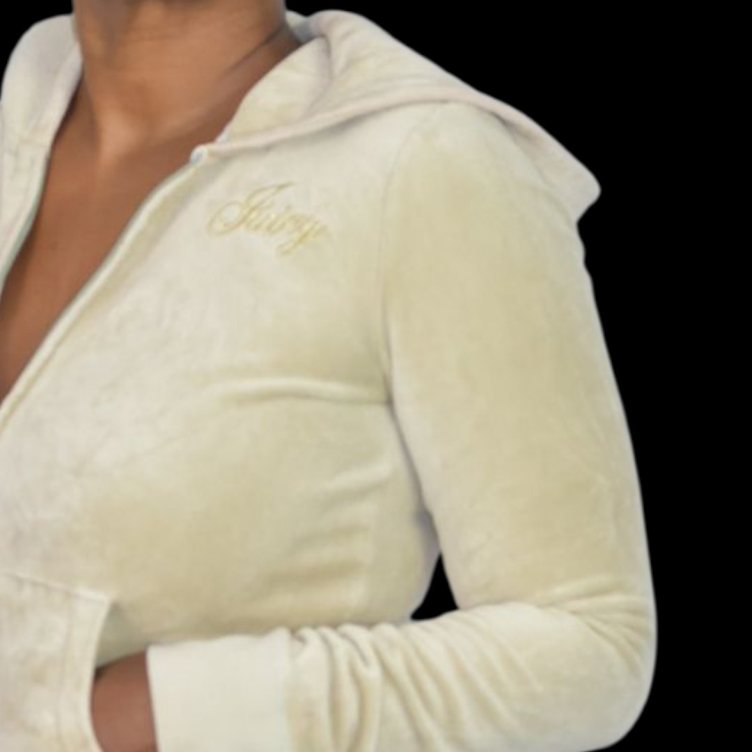 Juicy Couture Velour Hoodie Beige Zip Front Y2K Jacket Leopard Diamond Airbrush Logo Small