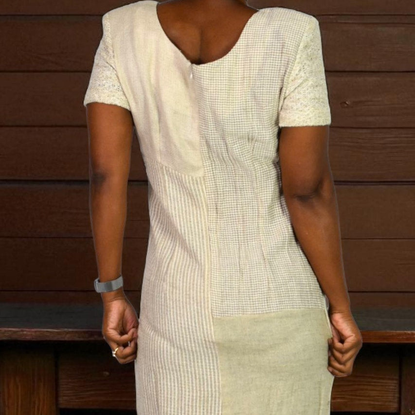 KC Spencer Column Straight Midi Dress Tan Mixed Print Checks Gingham Deadstock Long 8