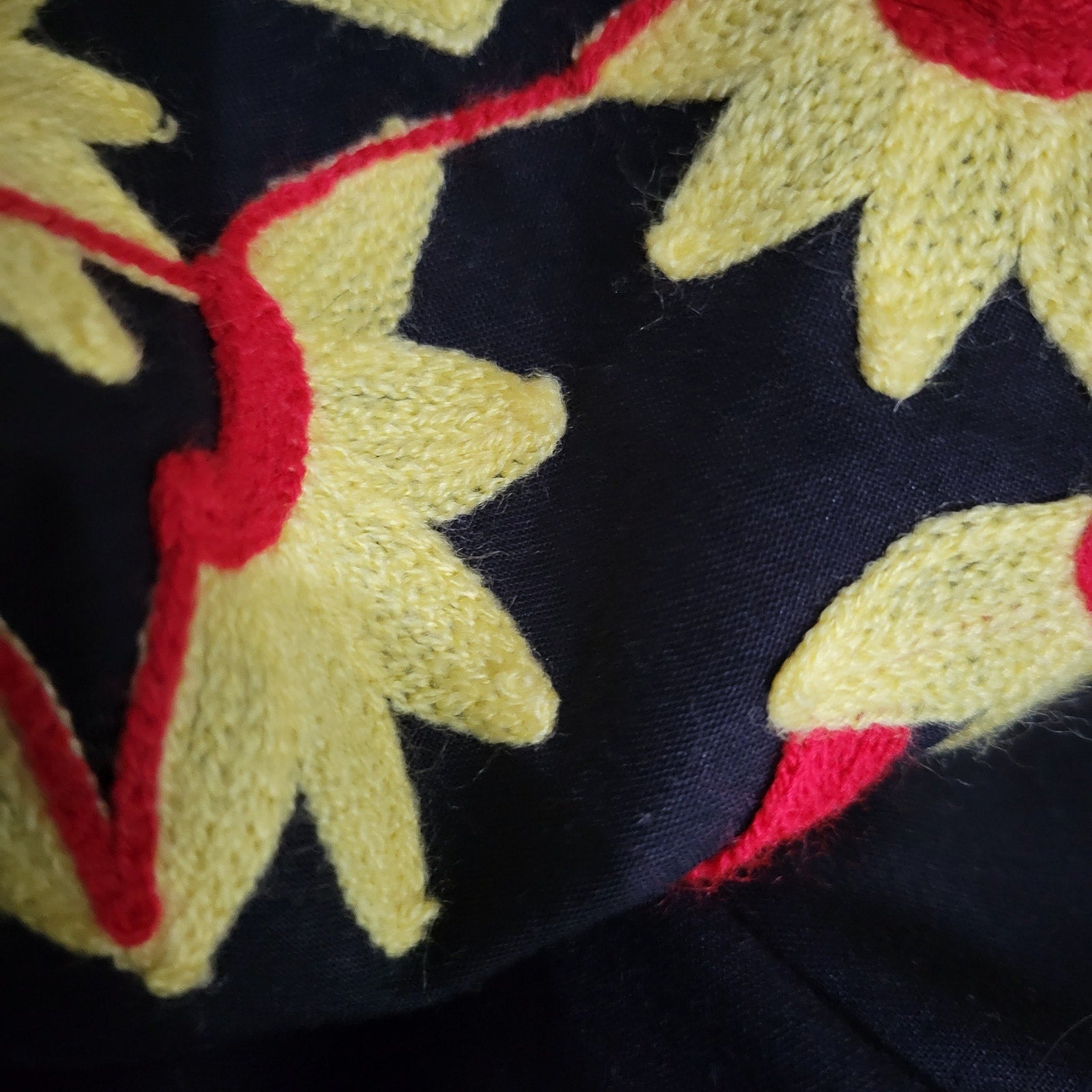 Egyptian Embroidered Caftan Dress Black Long Cover Up Tunic Floral Embroidery Yellow Large