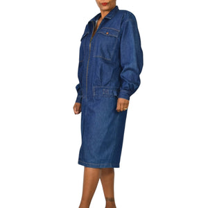 Vintage Depeche Mode Denim Jean Dress Blue New Wave Cocoon Midi Cotton Shirtdress Rigid Medium