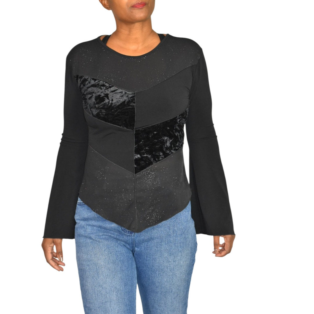 Vintage Ludmilla Paris Bell Sleeve Top Black Velvet Sparkle Y2K France Patchwork Small