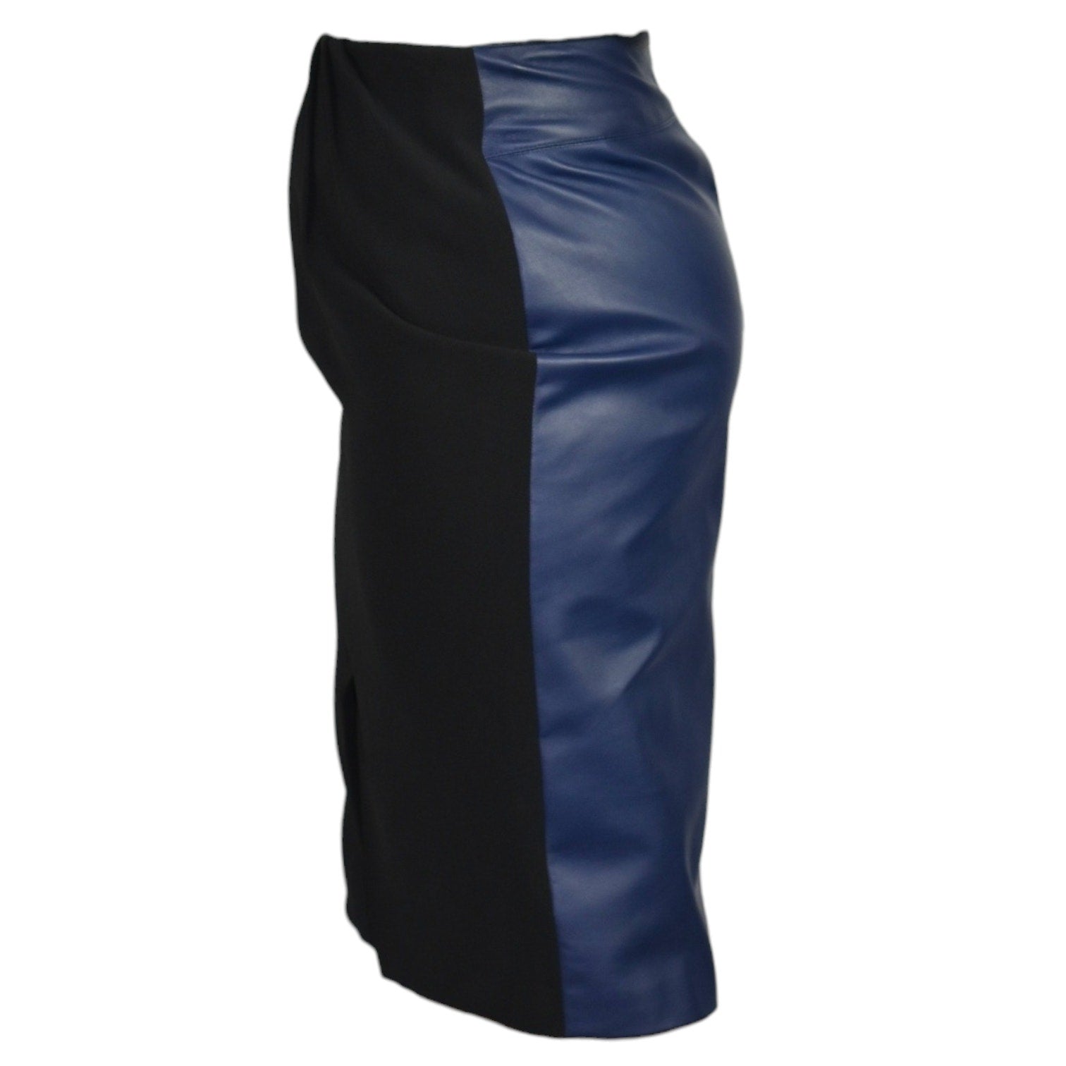 Raoul Two Tone Skirt Blue Leather Black Crepe Pencil High Waist Pleated Slit Small