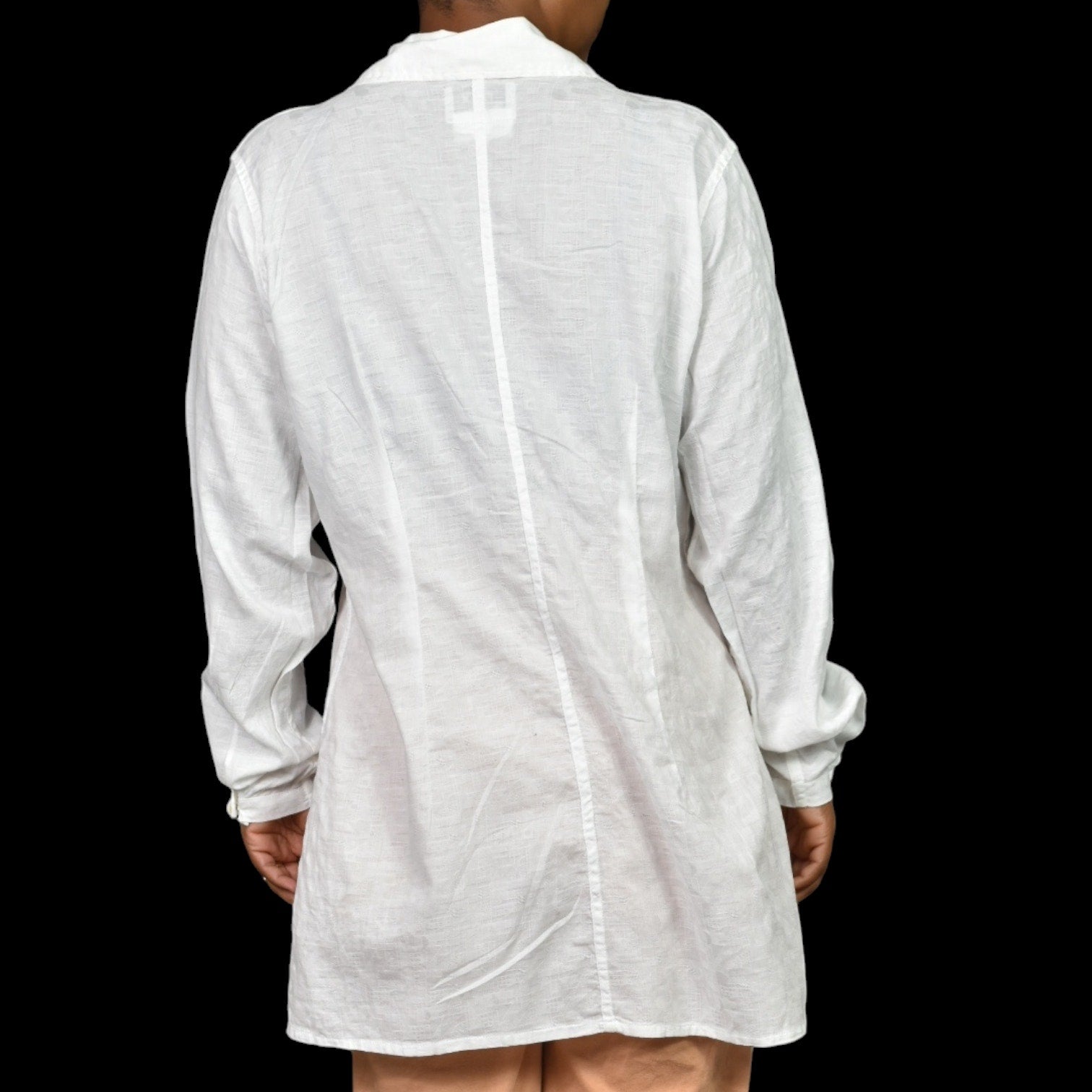 Vintage Flax Cotton Tunic Shirt White Collared Button Front Long Sleeve Oversized Jacquard Size Medium