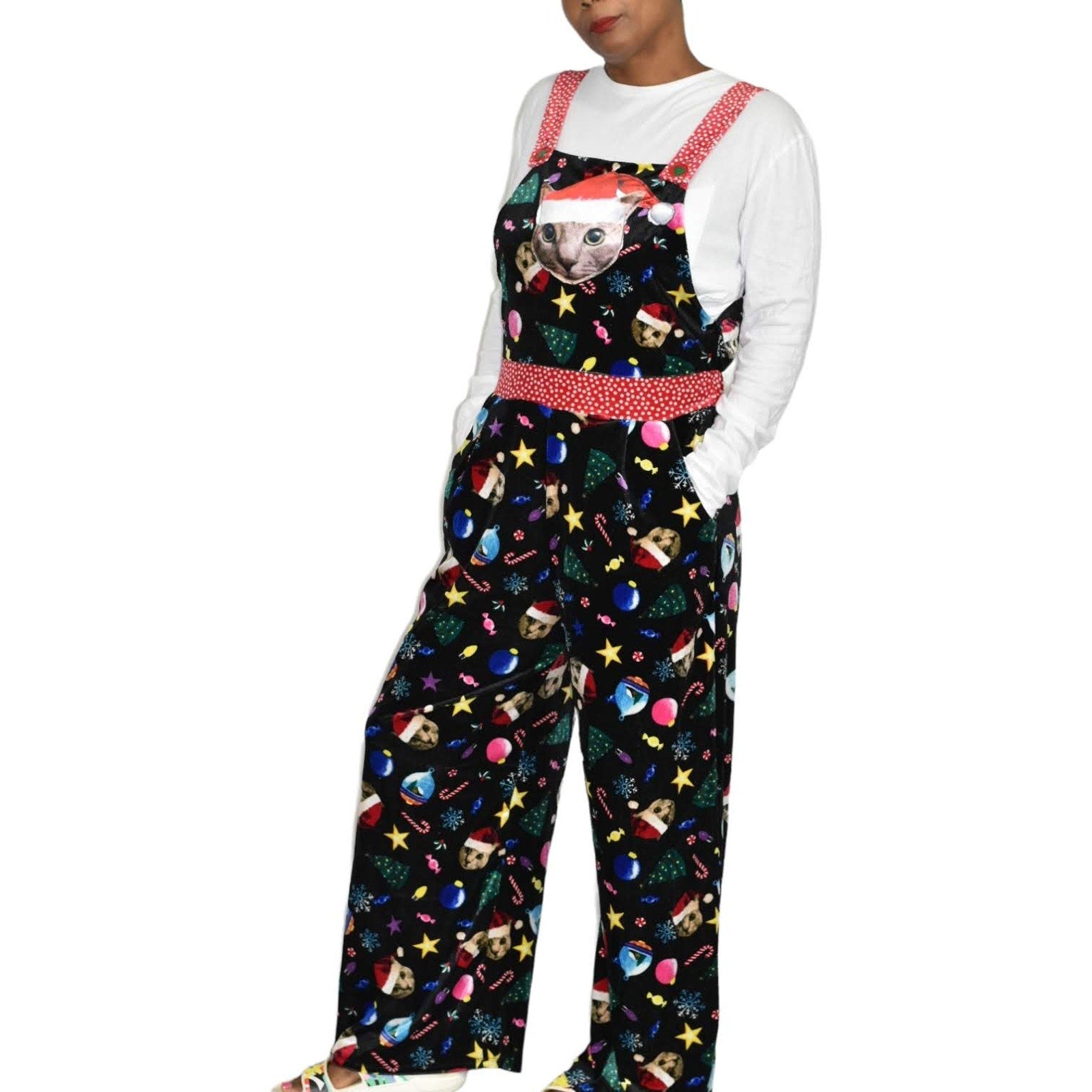 Celebrate Together Christmas Cat Bib Overalls Black Tacky Holiday Velour Velvet Jumpsuit XL