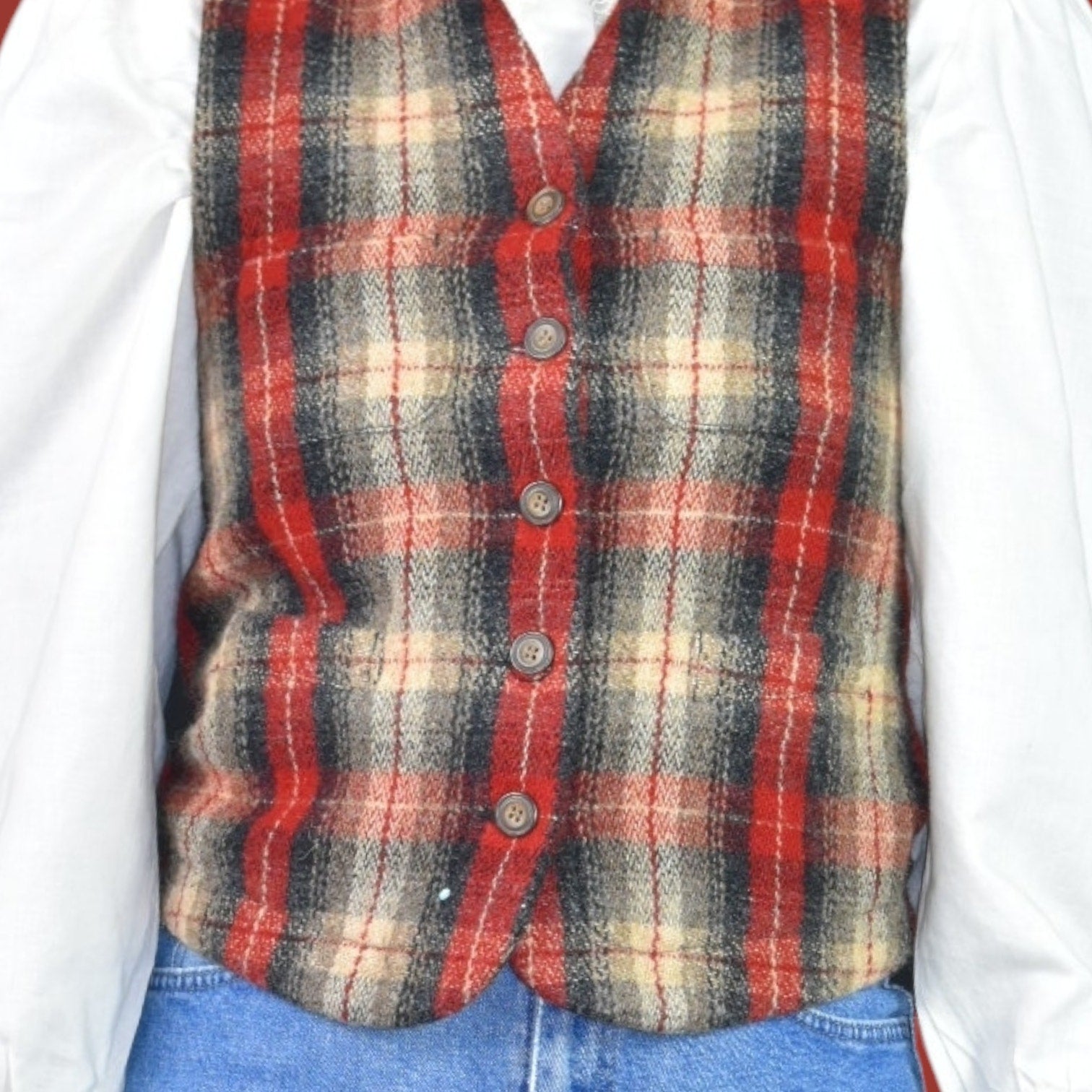 Vintage Eddie Bauer Plaid Wool Vest Red Tartan Check Equestrian Waistcoat Size Small