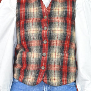 Vintage Eddie Bauer Plaid Wool Vest Red Tartan Check Equestrian Waistcoat Size Small