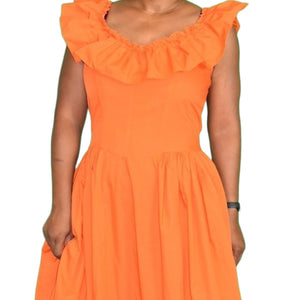 Vintage Costume Maxi Dress Orange Tangerine Prairie Ruffle Neck Sweeping Princess Size Large