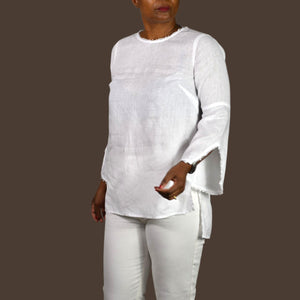 J Jill White Linen Tunic Top Bell Sleeve Boxy Relaxed Casual Slit Lightweight XS