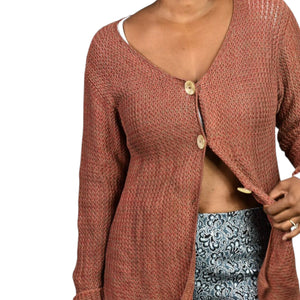 Vintage Peruvian Connection Sweater Russet Brown Pima Cotton Woven Cardigan Medium