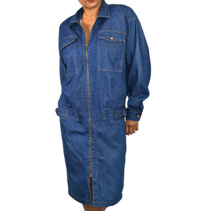 Vintage Depeche Mode Denim Jean Dress Blue New Wave Cocoon Midi Cotton Shirtdress Rigid Medium