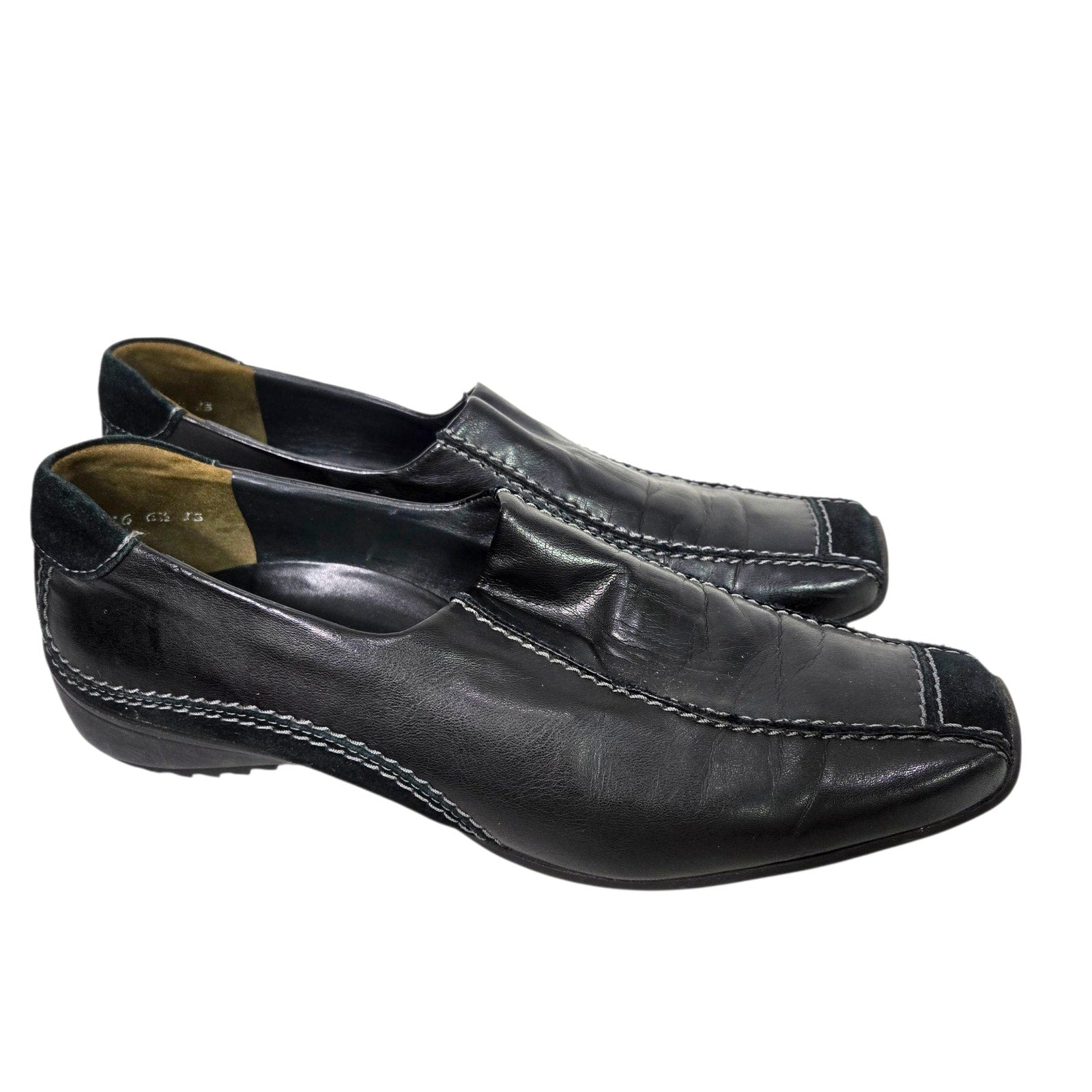Paul Green Lucy Square Toe Loafers Black Leather Suede Shoes Slip On Low Wedge Comfort 9